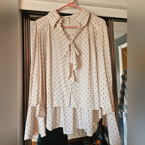 Free People Kennedy Ivory Black Polka Dot Button Down Blouse - Picture 4 of 8